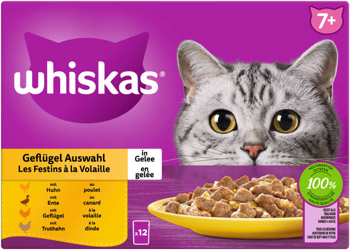 whiskas Katzen-Nassfutter Portionsbeutel Multipack 7+ Geflügel Auswahl in Gelee 12 x 85g